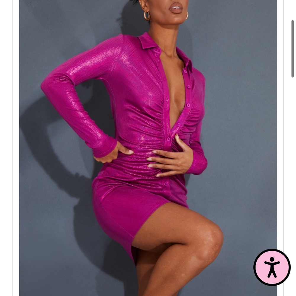 PLT metallic hot pink button down long sleeve dress